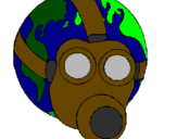 Desenho Terra com máscara de gás pintado por clara m.n.
