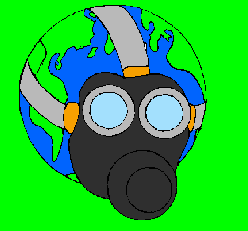 Desenho Terra com máscara de gás pintado por jacare
