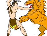 Desenho Gladiador contra leão pintado por guerreiro