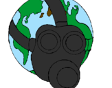Desenho Terra com máscara de gás pintado por Pâmela