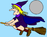 Desenho Bruxa em vassoura voadora pintado por bruxinha