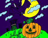 Desenho Paisagem Halloween pintado por morcego ual ual