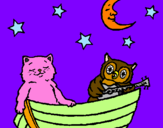 Desenho Gato e coruja pintado por gato de rosa 