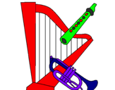 Desenho Harpa, flauta e trompeta pintado por nicole
