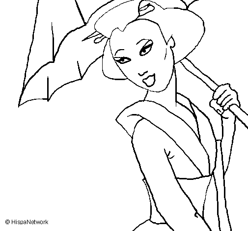 Desenho Geisha com chapéu de chuva pintado por milli