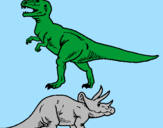 Desenho Tricerátopo e tiranossauro rex pintado por Juliana