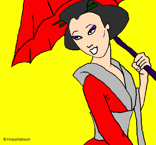 Desenho Geisha com chapéu de chuva pintado por Harley Quinn
