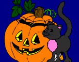 Desenho Abóbora e gato pintado por halloween
