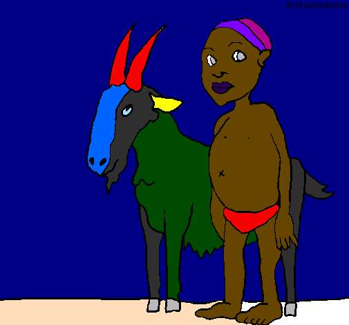 Desenho Cabra e criança africana pintado por mário