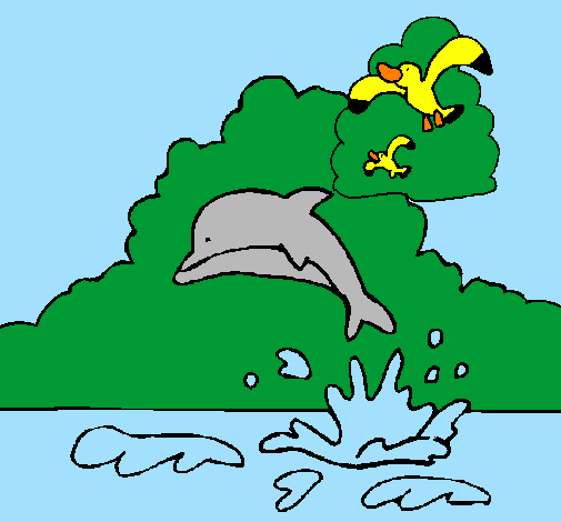 Desenho Golfinho e gaviota pintado por GABI SAMPAIO