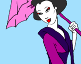 Desenho Geisha com chapéu de chuva pintado por paolla