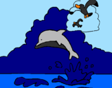 Desenho Golfinho e gaviota pintado por Murilo 