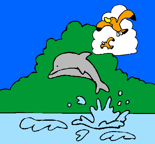 Desenho Golfinho e gaviota pintado por pingo