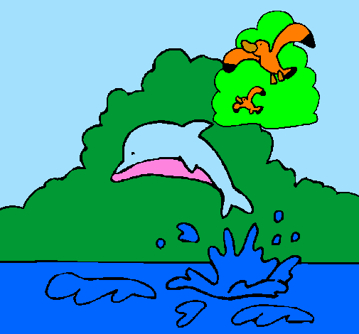 Desenho Golfinho e gaviota pintado por dyessika