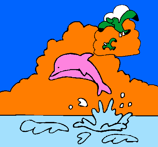 Desenho Golfinho e gaviota pintado por sara
