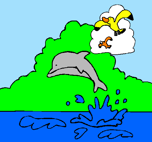Desenho Golfinho e gaviota pintado por gabi