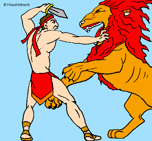 Desenho Gladiador contra leão pintado por criador de chibis