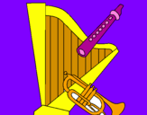Desenho Harpa, flauta e trompeta pintado por sara