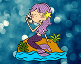 Desenho Sereia sentada numa rocha com uma caracol de mar pintado por ceca
