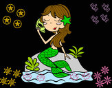 Desenho Sereia sentada numa rocha com uma caracol de mar pintado por nayarinha