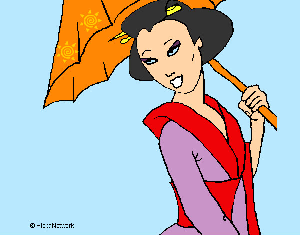 Desenho Geisha com chapéu de chuva pintado por Hillary 