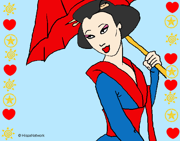 Desenho Geisha com chapéu de chuva pintado por LOLLA