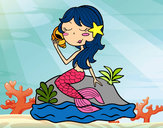 Desenho Sereia sentada numa rocha com uma caracol de mar pintado por ImShampoo