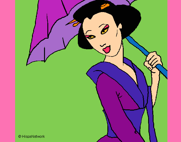 Desenho Geisha com chapéu de chuva pintado por missmirim