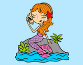 Desenho Sereia sentada numa rocha com uma caracol de mar pintado por yasmin01
