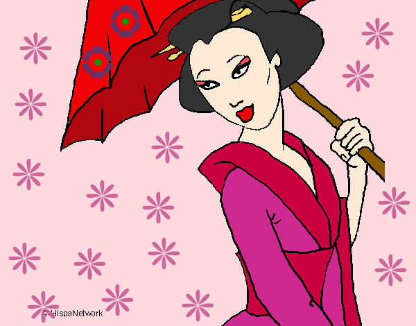 Desenho Geisha com chapéu de chuva pintado por ImShampoo