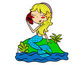Desenho Sereia sentada numa rocha com uma caracol de mar pintado por LCML