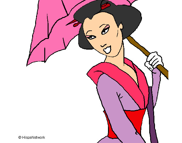 Desenho Geisha com chapéu de chuva pintado por ranu