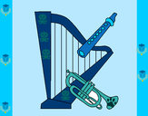 Desenho Harpa, flauta e trompeta pintado por missmirim