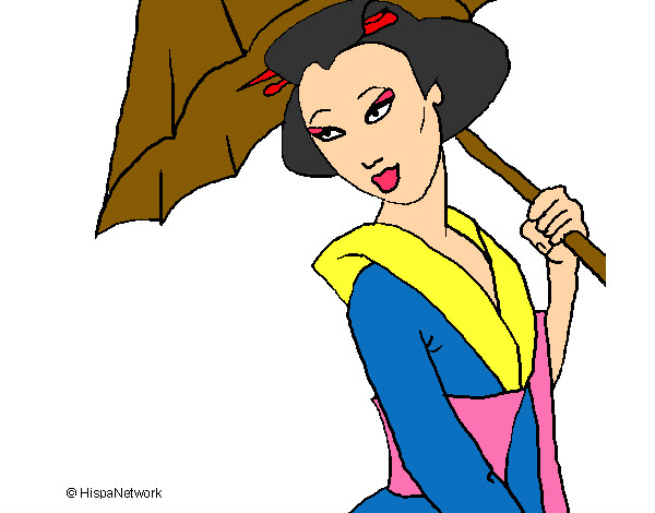 Desenho Geisha com chapéu de chuva pintado por william