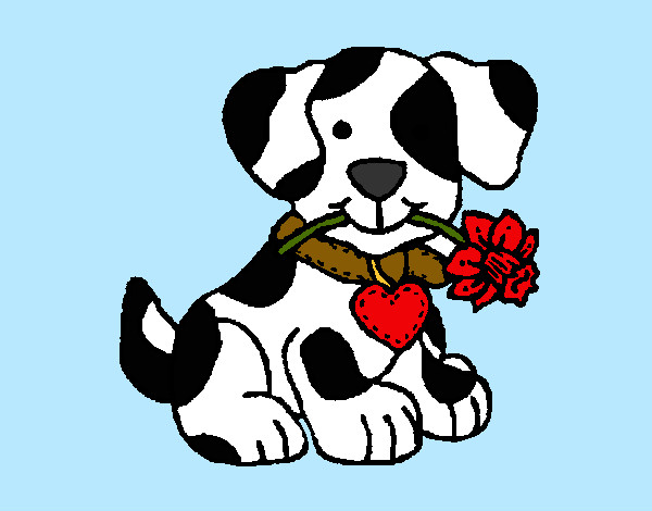 Desenho Filhote de cachorro com uma flor na boca pintado por Loli