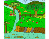 Desenho Paisagem rural pintado por aposentada