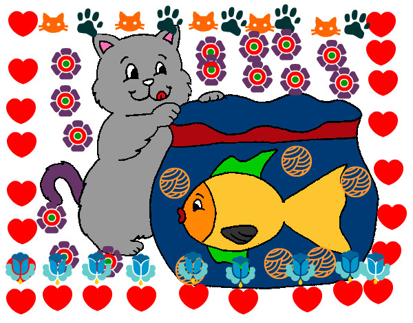 Desenho Gato e peixe pintado por kauany07