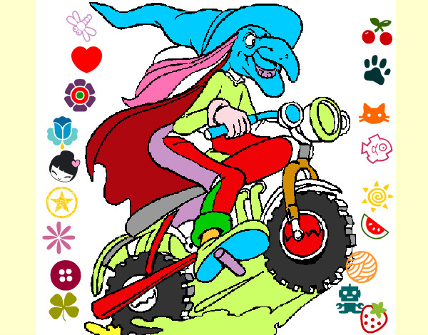 Desenho Bruxa numa moto pintado por Cindy