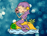 Desenho Sereia sentada numa rocha com uma caracol de mar pintado por annn