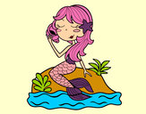 Desenho Sereia sentada numa rocha com uma caracol de mar pintado por RENATALY