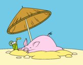 Desenho Porco na praia pintado por Danguinha