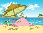 Desenho Porco na praia pintado por Luisinho