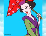 Desenho Geisha com chapéu de chuva pintado por Sil