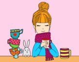 Desenho Menina com lenço e xícara de chá pintado por soraya lim