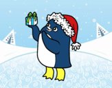Desenho Pinguim com chapéu e presente de Natal pintado por opis