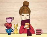 Desenho Menina com lenço e xícara de chá pintado por Natani