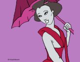 Desenho Geisha com chapéu de chuva pintado por ceciliaz