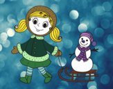 Desenho Menina com o trenó e boneco de neve pintado por isalu
