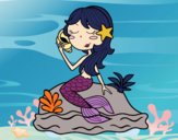 Desenho Sereia sentada numa rocha com uma caracol de mar pintado por ThaySilvaa