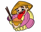 Chinês a comer arroz